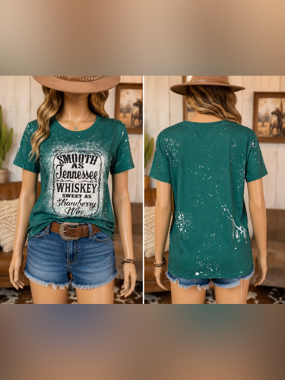 🆕 COWBOY-THEMED Women’s Green Graphic Tee - Smooth as Tennessee Whiskey